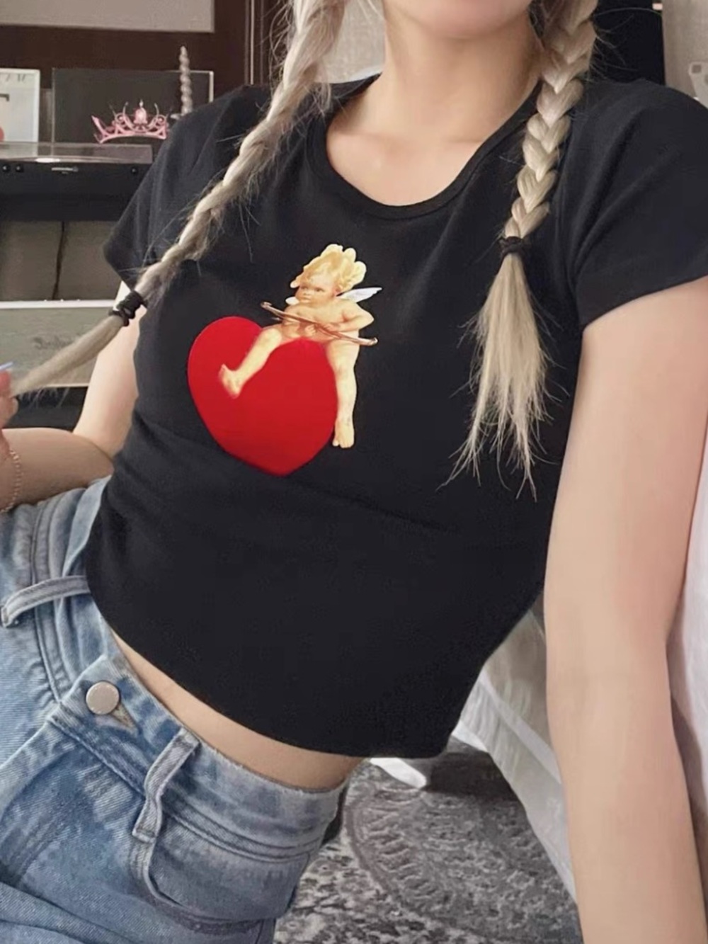 Black Baby Tee with Red Heart & Cherub Graphic
